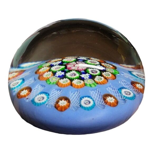 Early Blue Paul Ysart Lampwork Flower & Latticino Millefiori Garland Paperweight - Picture 5 of 6
